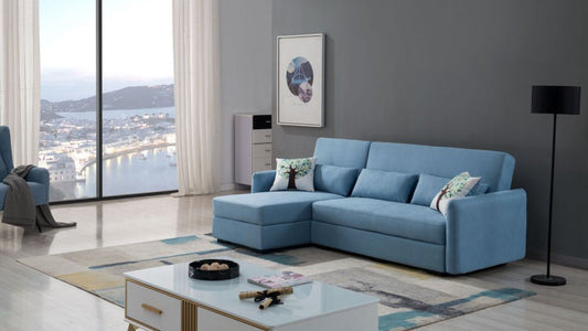 AE-LD828 Light Blue Velvet Sectional Sofa Bed Set